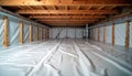 Encapsulated crawl space with thermoregulatory blankets, radon mitigation system. Modern energy-saving basement construction. Royalty Free Stock Photo