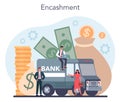 Encashment concept. Armored cash truck security. Money collecting