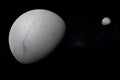 Enceladus and Iapetus moons orbiting in the outer space. 3d render Royalty Free Stock Photo