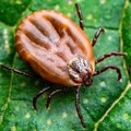 Encephalitis Virus or Lyme Borreliosis Disease or Monkey Fever Infectious Dermacentor Tick Arachnid Parasite Insect on Green Leaf Royalty Free Stock Photo