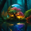 Enchanted Ai image of forest in micro ecosystem enchanted faerycore water reflection