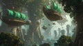 Enchanted Airships Floating in a Verdant Misty Forest City