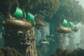 Enchanted Airships Floating in a Verdant Misty Forest City