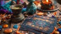 Enchanted Altar with Tarot Pendulum, Defocused Cards, and Chakra Stones for Cartomancy and Mystical Divination Royalty Free Stock Photo