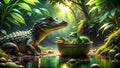Enchanted Amazonian Ecosystem Small Turtle Lizard and Crocodile in a Vibrant Green Container A Captivating Snapshot of Royalty Free Stock Photo