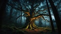 Mystical Ancient Tree Glowing in the Dark Forest, Roots Covered with Moss Royalty Free Stock Photo