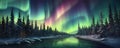 Enchanted Aurora: spellbinding panorama showcasing the ethereal beauty of the Northern Lights dancing across the night panorama Royalty Free Stock Photo