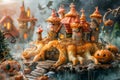 Enchanted Autumn Castle with Pumpkins and Magical Smoke in a Fairytale Landscape Fantasy Halloween Illustration