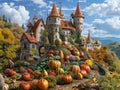 Enchanted Autumn Castle Surrounded by Colorful Pumpkins and Fall Foliage in a Fairytale Landscape