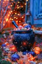 Enchanted Autumn Evening with Halloween Witch Cauldron and Festive Decorations in Mystic Garden