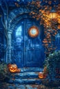 Enchanted Autumn Evening with Jack o\' Lanterns by a Mystical Blue Door and Wreath