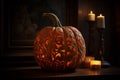 Enchanted Autumn Evening: A Radiant Jack-o\'-Lantern Aglow in the Heart of Halloween Magic Royalty Free Stock Photo