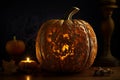 Enchanted Autumn Evening: A Radiant Jack-o\'-Lantern Aglow in the Heart of Halloween Magic Royalty Free Stock Photo