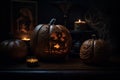 Enchanted Autumn Evening: A Radiant Jack-o\'-Lantern Aglow in the Heart of Halloween Magic Royalty Free Stock Photo