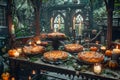 Enchanted Autumn Feast with Pumpkin Pies and Candles in a Mystical Forest Setting