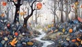 Enchanted Autumn Forest with Colorful Foliage and Whimsical Birds Royalty Free Stock Photo