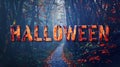 Enchanted Autumn Forest Path with Halloween Text Royalty Free Stock Photo