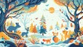 Enchanted Autumn Forest with Playful Wildlife Illustration