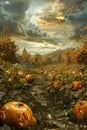 Enchanted Autumn Pumpkin Patch with Golden Sunset and Rustic Countryside Pathway, Magical Harvest Season Scenery