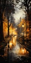 Enchanted Autumn: A Reflection of Golden Dawn on a Rainy Park Be
