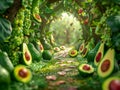 Enchanted Avocado Orchard Pathway with Ripe and Green Avocados on Trees and Ground