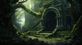 Enchanted Azalea Spirits: A Fantasy Forest Ruin In Dark White And Green