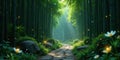 Enchanted bamboo forest path with glowing firefly lights and daisies. Generative AI Royalty Free Stock Photo