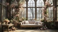 Enchanted Blossom Conservatory: A Luxurious Vintage Sofa Amidst a Floral Wonderland.