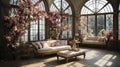 Enchanted Blossom Conservatory: A Luxurious Vintage Sofa Amidst a Floral Wonderland.