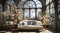 Enchanted Blossom Conservatory: A Luxurious Vintage Sofa Amidst a Floral Wonderland.