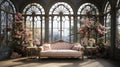 Enchanted Blossom Conservatory: A Luxurious Vintage Sofa Amidst a Floral Wonderland.