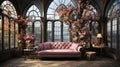 Enchanted Blossom Conservatory: A Luxurious Vintage Sofa Amidst a Floral Wonderland.