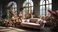 Enchanted Blossom Conservatory: A Luxurious Vintage Sofa Amidst a Floral Wonderland.