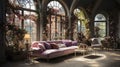 Enchanted Blossom Conservatory: A Luxurious Vintage Sofa Amidst a Floral Wonderland.