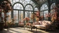 Enchanted Blossom Conservatory: A Luxurious Vintage Sofa Amidst a Floral Wonderland.