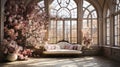 Enchanted Blossom Conservatory: A Luxurious Vintage Sofa Amidst a Floral Wonderland.