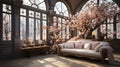 Enchanted Blossom Conservatory: A Luxurious Vintage Sofa Amidst a Floral Wonderland.