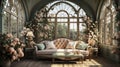 Enchanted Blossom Conservatory: A Luxurious Vintage Sofa Amidst a Floral Wonderland.