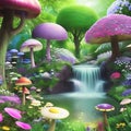 Enchanted botanical haven.Discovering a magical garden of vibrant flowers and whimsical mushrooms.AI genersted