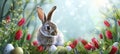 Enchanted Bunny Amidst Spring Tulips and Easter Eggs