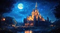 Enchanted castle glowing under a moonlit sky Royalty Free Stock Photo