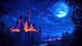 Enchanted castle glowing under a moonlit sky Royalty Free Stock Photo