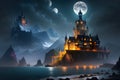 Enchanted Castle by the Sea with Triple Moons and Distant Mountains. AI generated Royalty Free Stock Photo