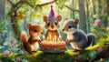 Enchanted celebration forest creatures gather around a birthday cake Royalty Free Stock Photo