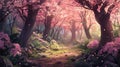 Enchanted Cherry Blossom Forest at Dawn Royalty Free Stock Photo