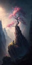 Enchanted Cherry Blossom Tree atop Zhangjiajie Mossy Peaks. Cinematic Realism for Posters and Wallpapers.