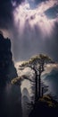 Enchanted Cherry Blossom Tree atop Zhangjiajie Mossy Peaks. Cinematic Realism for Posters and Wallpapers.