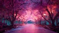 Enchanted cherry blossom tunnel with night lanterns, magical scenery with pink cherry blossom path Royalty Free Stock Photo