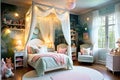 Enchanted Child\'s Bedroom: Canopy Bed Draped in Twinkling Fairy Lights, Walls Adorned with Murals of Whimsy Royalty Free Stock Photo