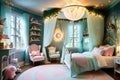 Enchanted Child\'s Bedroom: Canopy Bed Draped in Twinkling Fairy Lights, Walls Adorned with Murals of Whimsy